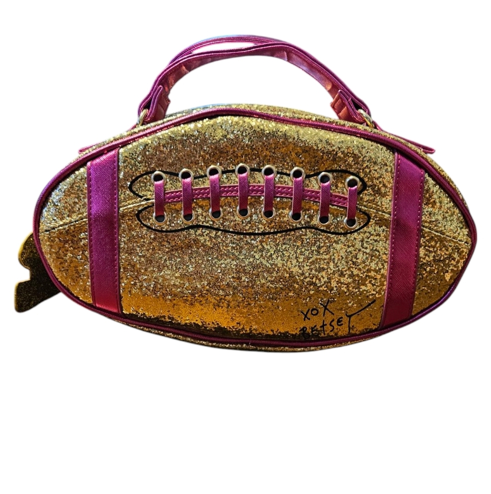Betsey Johnson Gold Glitter Magenta Football Insulated Lunch Tote Bag
